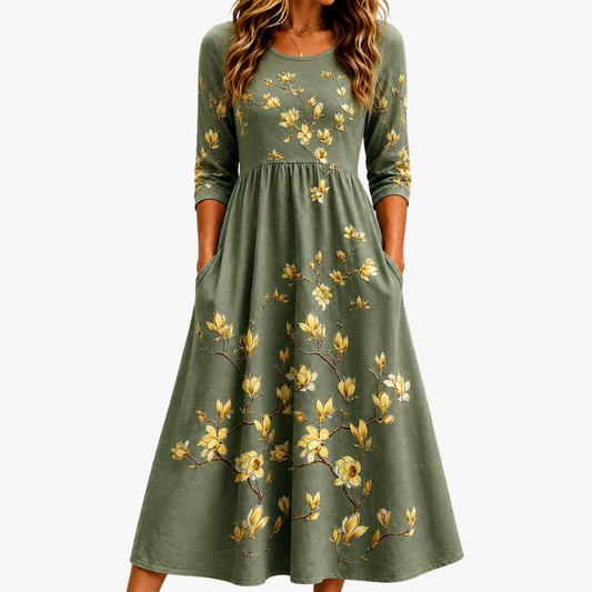Vestido midi con bolsillos «Sage Blossom Grace»